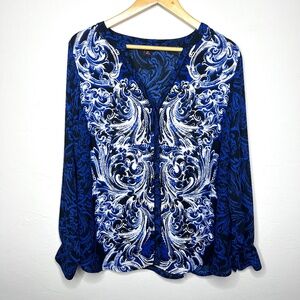 Dana Buchman button down sheer paisley blouse, blue, white, black, size 0X